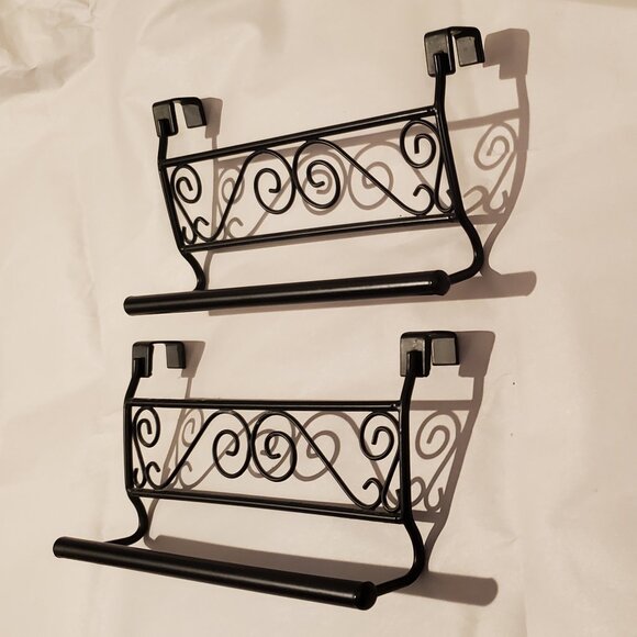 Pair of Decorative Metal Scrolled Over the Cabinet Door Towel Rod Holder - Picture 1 of 3